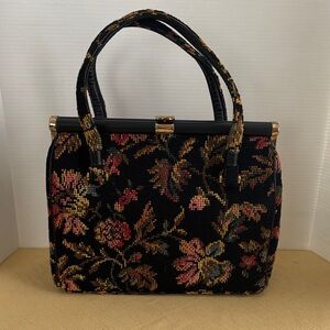 Vintage Black Needlepoint Carpetbag Pocketbook Purse
